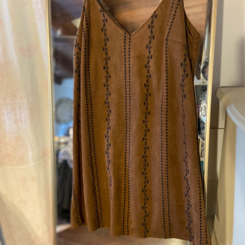Brown Bohemian Sleeveless Dress with Black Floral Stitch Pattern